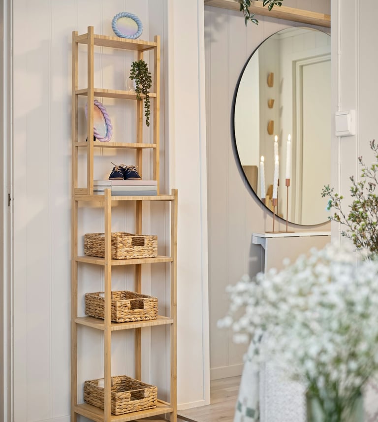Eco-friendly home organization with natural wood shelving and non-toxic materials 