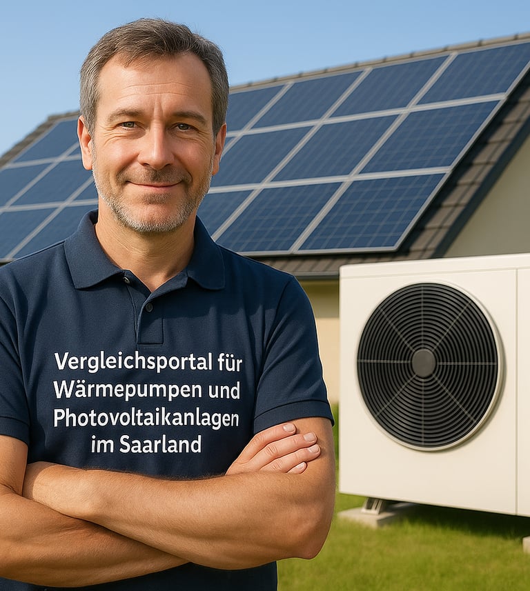 Geschäftsführer des Wärmepumpen Vergleichs Saarland vor einem Haus mit Wärmepumpe im Hintergrund