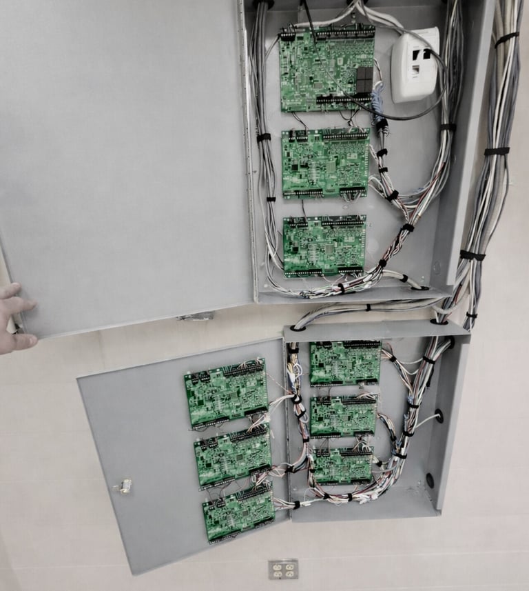 Open commercial access control cabinet showing door controller boards and wiring in an Ottawa facility.