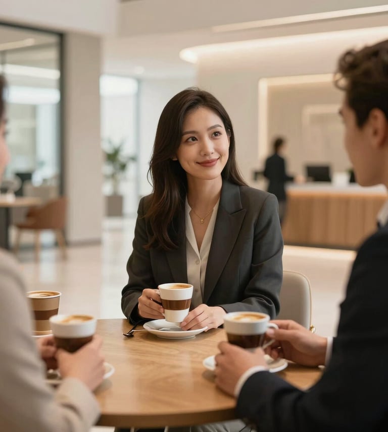 A professional meeting in a modern corporate lobby, people holding elegant coffee cups, soft natural light, clean minimalist architecture, warm tones