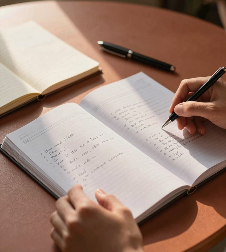 Close-up of hands holding an open assessment workbook on a warm clay-colored table, handwritten notes visible on the page, a small notebook and pen beside it, golden afternoon window light raking across the materials from the left, intimate and deliberate framing