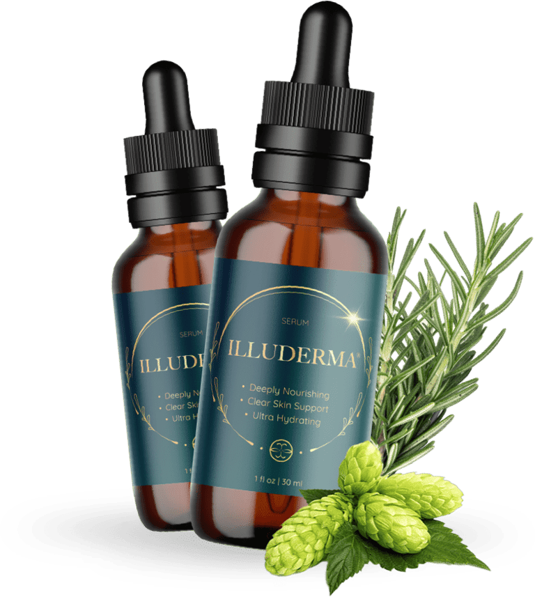 <img src="illuderma-serum-two-bottles.jpg" alt="Two brown glass bottles of Illuderma Serum with blac