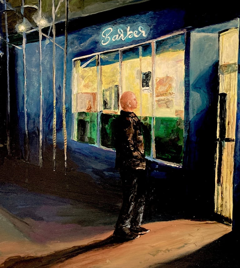 a painting of a bold man standing in front of a barber store