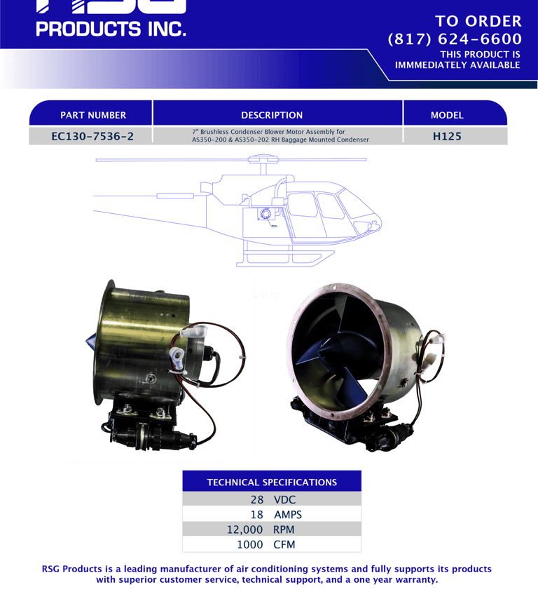 RSG Products H125 brushless condenser blower motor assembly for helicopter air conditioning systems.
