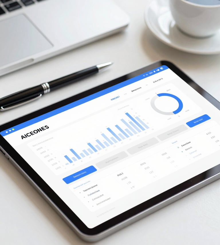 A close-up of a professional desk with a tablet displaying a financial planning application, a pen, and a warm cup of coffee. The lighting is bright and airy, incorporating brand colors #B8D3E7 and #F4F7F9 to evoke a sense of organized, approachable financial strategy.