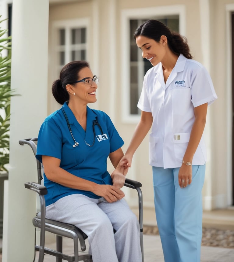 A warm home care nurse assisting an elderly patient in a cozy living room setting.