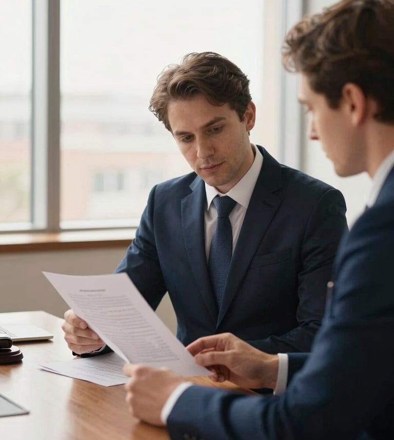 Warm interior photography of a professional office setting, a lawyer and a client reviewing documents together with soft window light, showing a respectful and collaborative atmosphere, 35mm