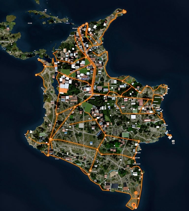 Wide overhead satellite map of Colombia at night, orange GPS route lines tracing corridors between Medellín and Cartagena across the national road network, dark navy background, precision data overlay aesthetic, no text or labels visible, cinematic geographic scale