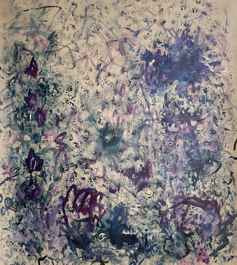 acrylic abstract artwork with purples, blues and teal