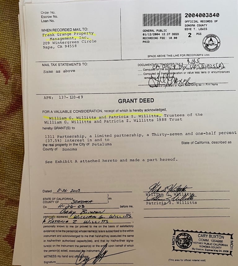 Grant Deeds from Bill Willitts to Frank Grange