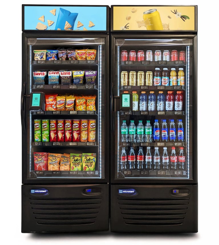 a smart vending machine cooler with a variety of drinks and snacks