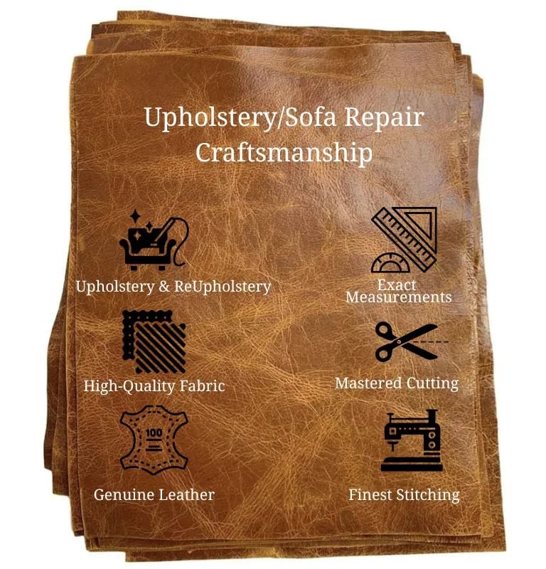 A stack of textured brown leather fabric sheets featuring upholstery and sewing tool icons.