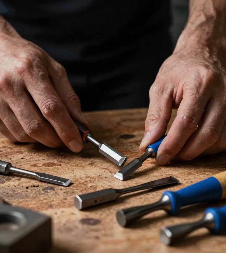 Macro shot of a carpenter's hands selecting chisels on a wooden workbench, high-contrast side-lighting, deep charcoal background, sharp depth of field.