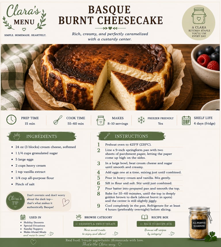 A detailed recipe card for Basque Burnt Cheesecake featuring a photo of the caramelized dessert on parchment paper.