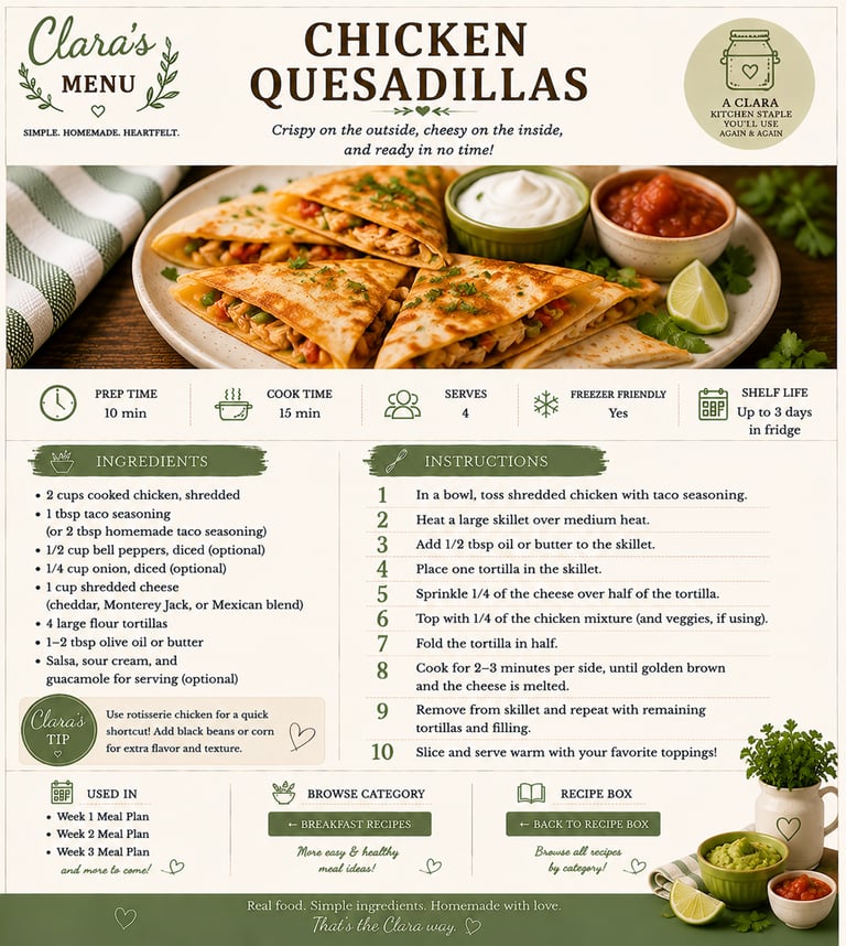 Recipe card for crispy chicken quesadillas with ingredients and step-by-step cooking instructions.