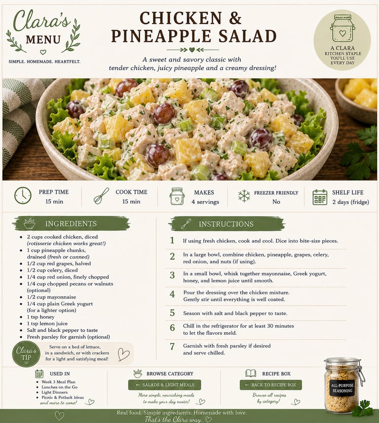Recipe card for a creamy Chicken and Pineapple Salad with grapes, celery, and a yogurt dressing.