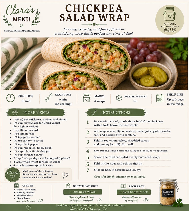 A recipe infographic for a healthy chickpea salad wrap with ingredients, instructions, and preparation tips.