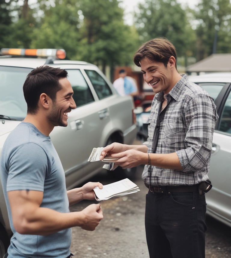 A smiling car seller getting cash from a tow truck driver with an old car in the background.