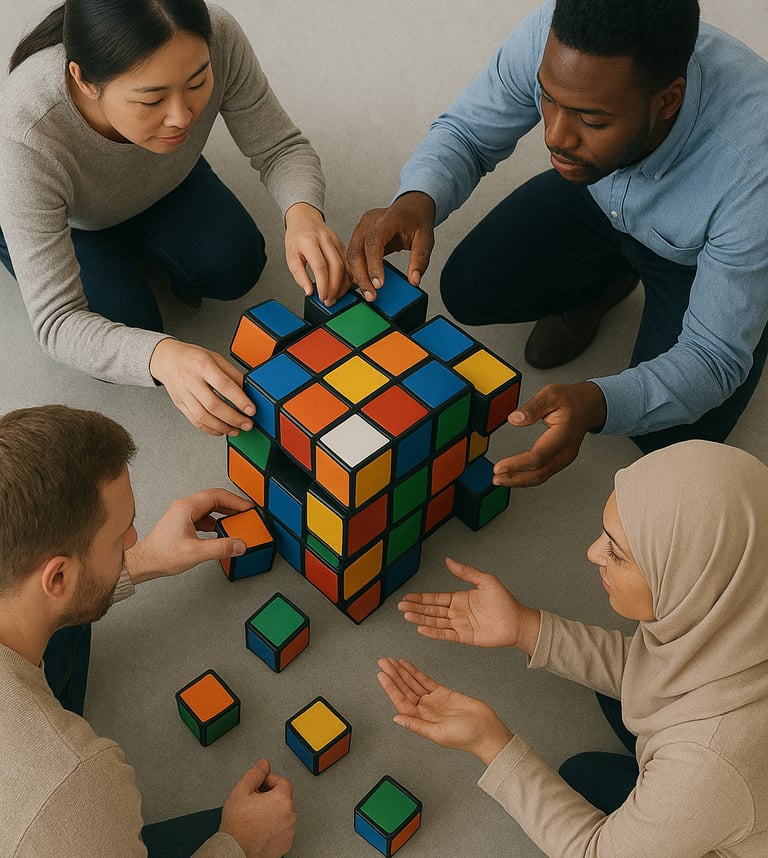 a group of people working together to assemble a rubic's cube
