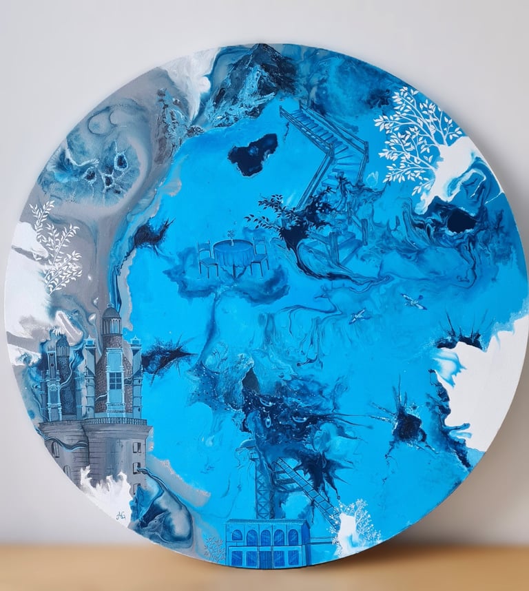 Tableau rond personnalisée avec château renaissance, montagnes et souvenirs