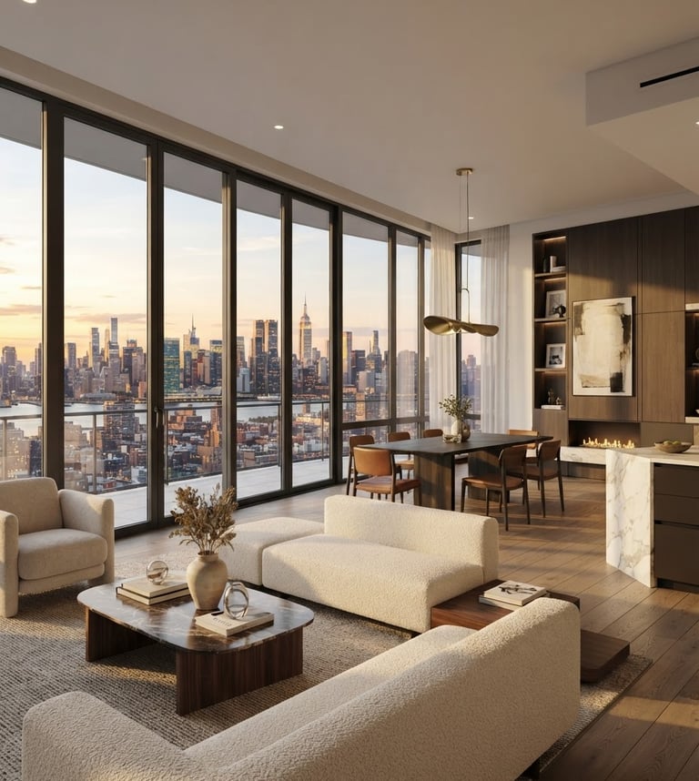 High-end architectural render of a luxury apartment interior with floor-to-ceiling windows, modern minimalist furniture, and panoramic city views, golden hour light, warm editorial tones, sharp focus.