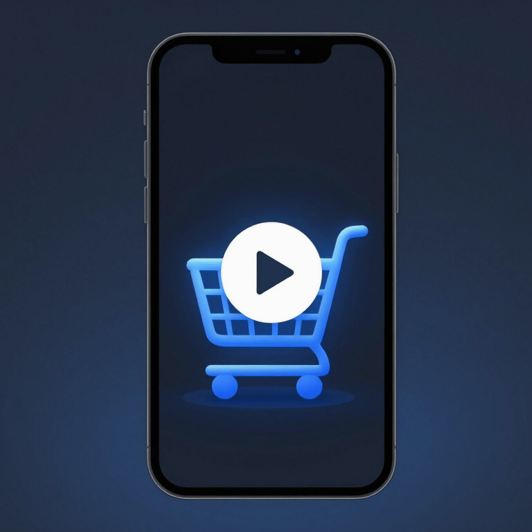 High-fidelity 16:9 dark-mode mobile UI screen showing a shopping cart being populated by an AI agent, soft blue glowing interface, play button overlay, minimalist 3D render