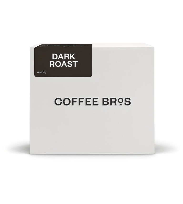 Coffee Bros dark roast coffee beans in a white box packaging mockup.