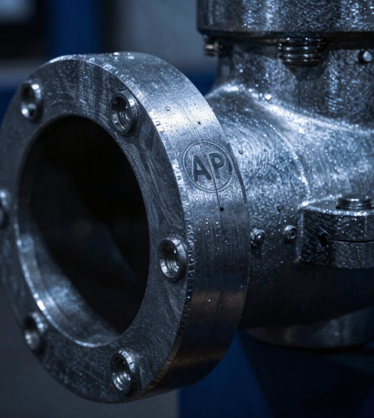 Close-up of industrial pipe flanges with clear API certification stamp, heavy-duty metallic texture, sharp metallic highlights, deep shadows, cool blue undertones, 35mm, macro focus.