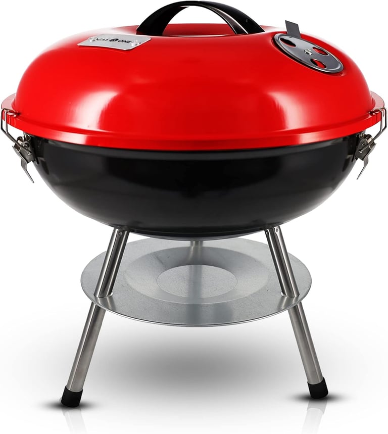 Gas One 14-inch Portable Charcoal Grill in Red with 3-Point Locking Lid, Dual Venting System