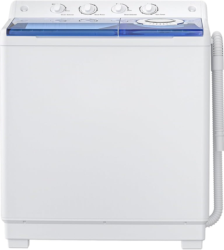 a portable washing machine with a blue top and white bottom