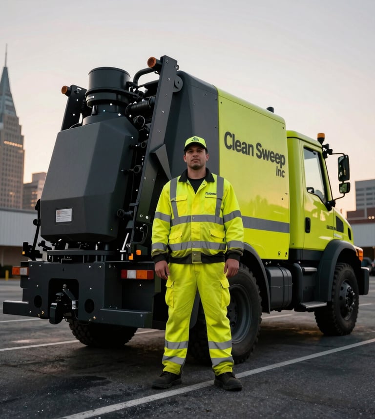 Low-angle heroic shot of a Clean Sweep Inc team member in high-visibility safety gear, standing confidently beside a specialized regenerative air sweeper truck at dawn in a commercial parking lot, Nashville skyline in background, high-contrast charcoal and safety yellow tones, sharp focus.