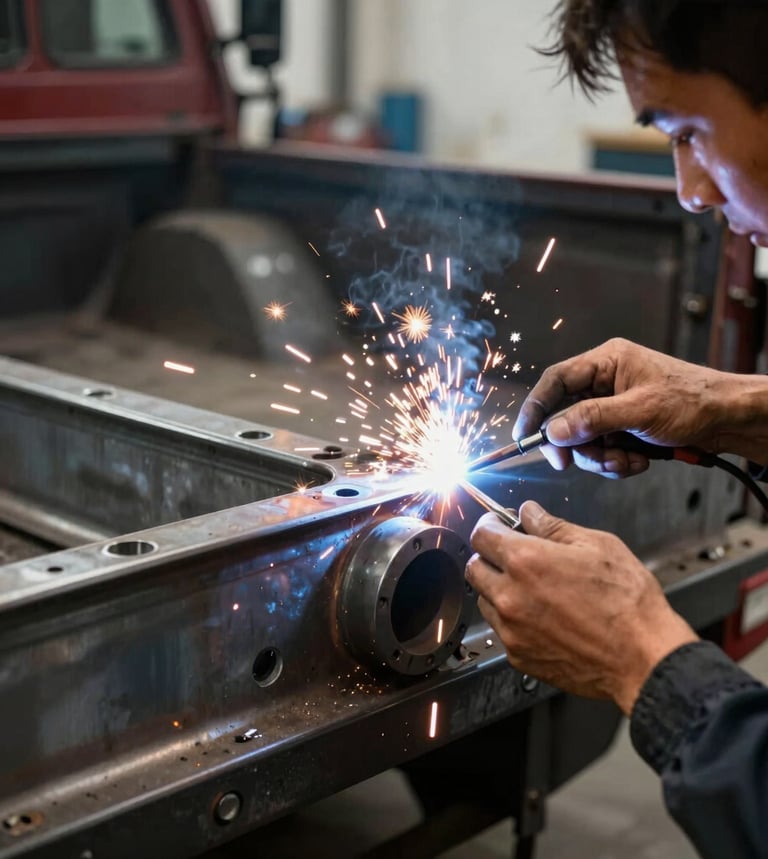 Close-up of a certified technician's hands welding a heavy-duty steel component onto a truck bed in a high-contrast workshop, sparks flying, gritty metallic tones, sharp focus, 35mm documentary style.