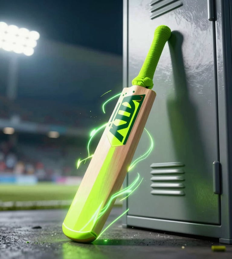 Dynamic 3D render of a glowing neon-green cricket bat with electric motion trails, resting against a high-tech metallic locker, dramatic stadium night lighting, high-contrast backlighting, octane render