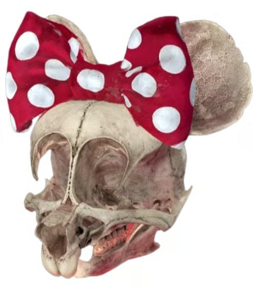 Anatomical mini mouse skull wearing a red and white polka dot bow in a gothic art style.