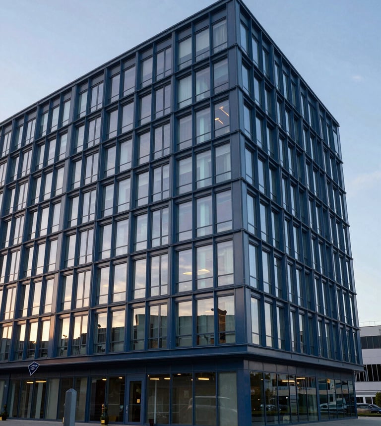 A sophisticated photograph of the port's modern administration building, featuring sleek glass and steel blue metal under a soft silver blue sky.