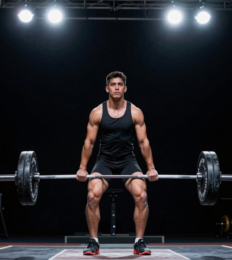 Atleta de halterofilia de Nuevo León en la posición de recepción de arranque, con tiza en el aire, bajo focos de competición. Fondo oscuro y de alto contraste.