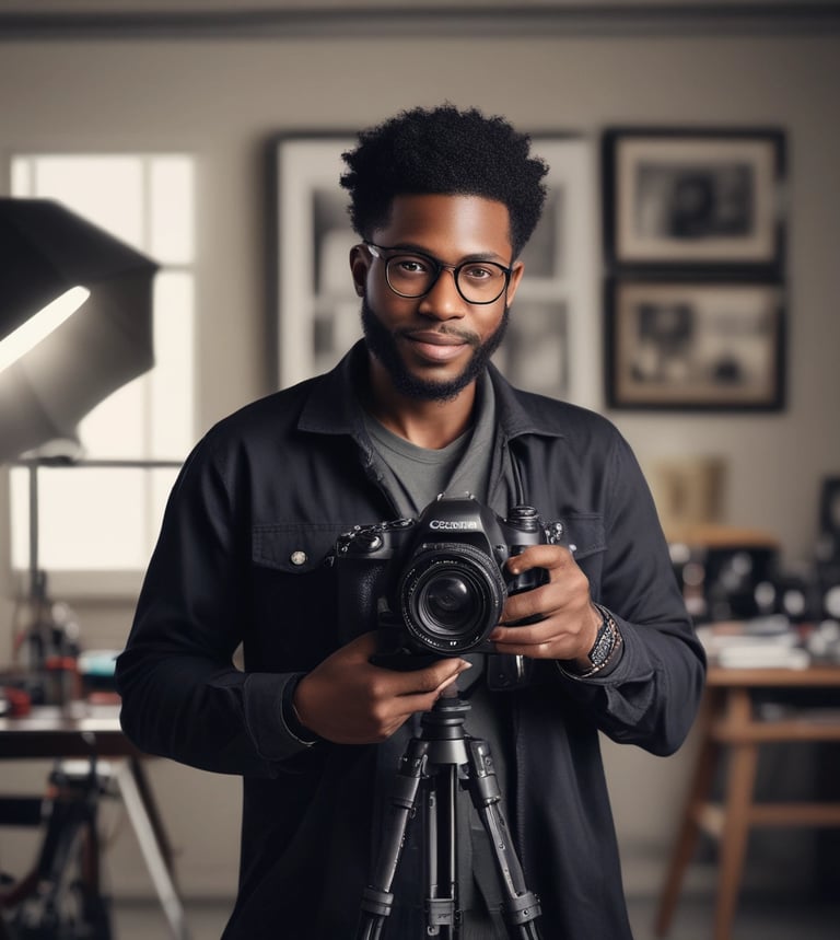A person wearing a beanie is holding a professional video camera in a dark setting. The camera appears to be mounted on a stabilization rig, suggesting a focus on film-making or videography.