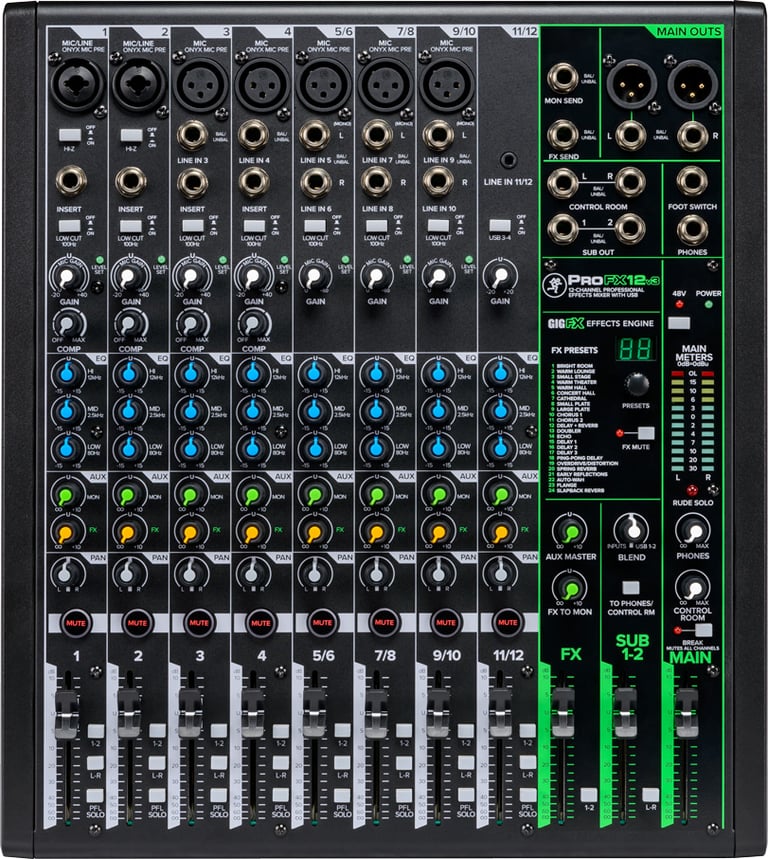 Vista superior de la mesa de mezclas Mackie ProFX12v3 de 12 canales con USB