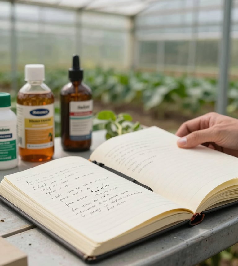 Agricultural field technician's notebook open on a greenhouse bench, handwritten crop notes and formulation data visible, product bottles in the background blurred, natural daylight from greenhouse panels above, documentary close-up framing