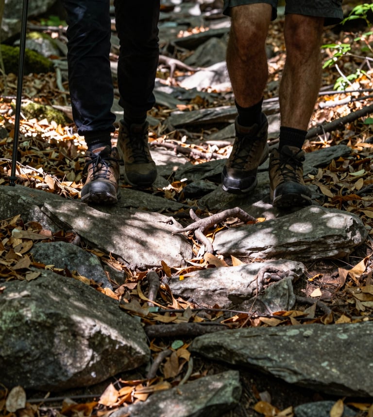 Close documentary shot of two hikers' boots stepping onto a rocky forest path at mid-morning, dappled light through beech canopy, fallen leaves and exposed root visible, off-center framing showing the trail continuing ahead