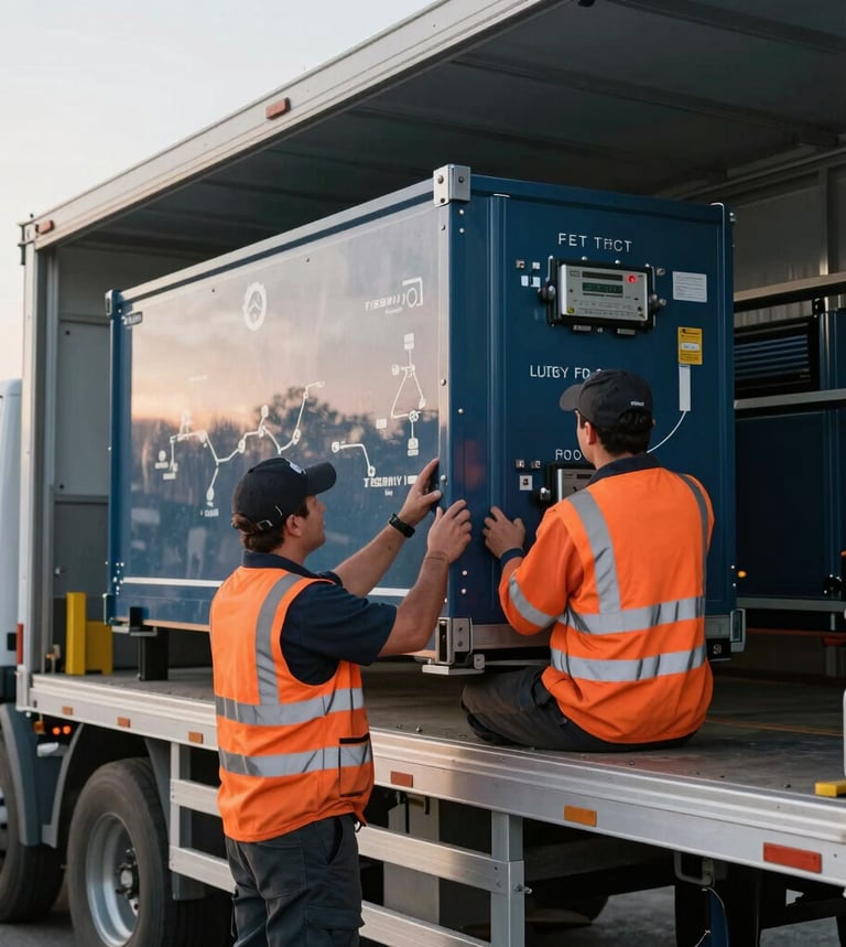 Medium shot of a Tiburon Enterprises team member in high-visibility gear, securing heavy equipment onto a flatbed trailer, crisp early morning daylight, industrial editorial photography.