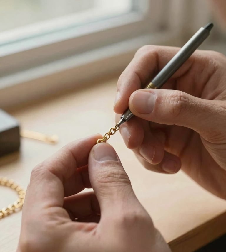 Hands of a master bench jeweler carefully polishing a solid gold chain under soft window light, warm tones, shallow depth of field