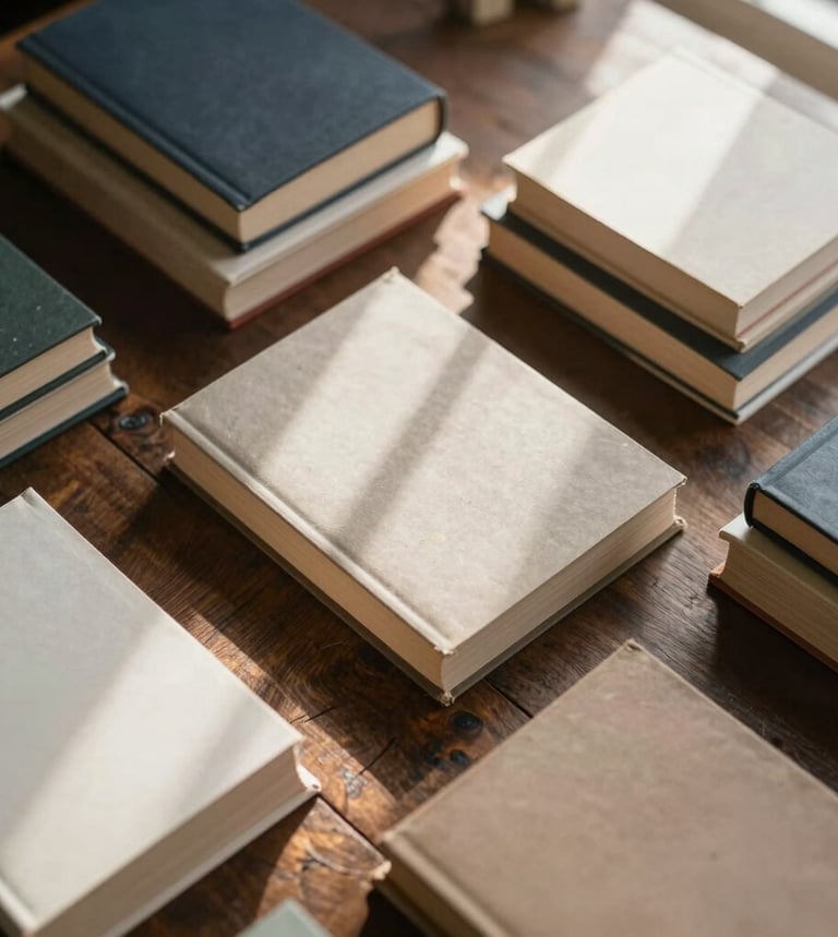 Overhead flat-lay of curated book stacks on a dark rustic wooden table, warm natural window light casting soft shadows on rich paper textures