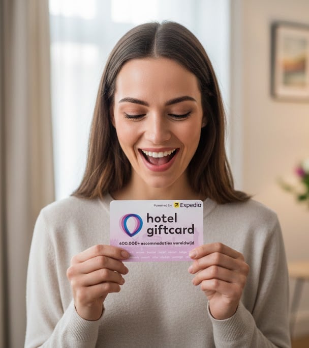 Een vrouw die een hotel gift card heeft gekregen