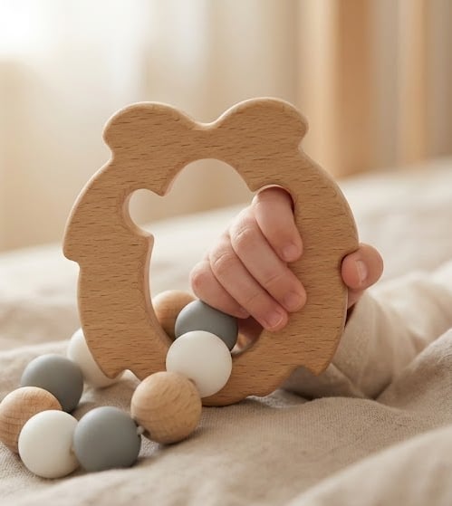 Eco-vriendelijke houten bijtring in leeuwenvorm die het tandvlees van je baby op natuurlijke wijze v