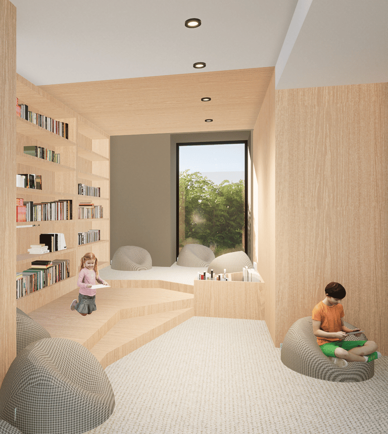 espace bibliothèque en bois clair avec une fenêtre en perspective