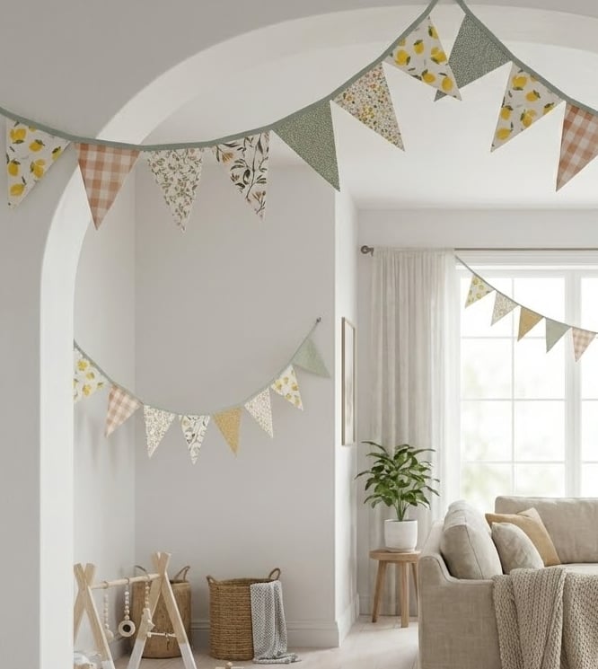 woonkamer met duurzame vlaggetjes, stoffen vlaggen