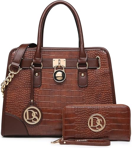 Vegan leather satchel handbag with matching wallet in two-tone design, featuring tassel and chain 