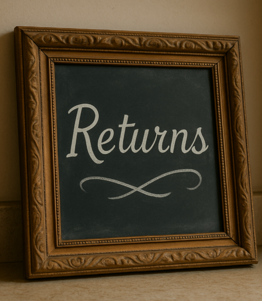 a chalkboard sign that says returns