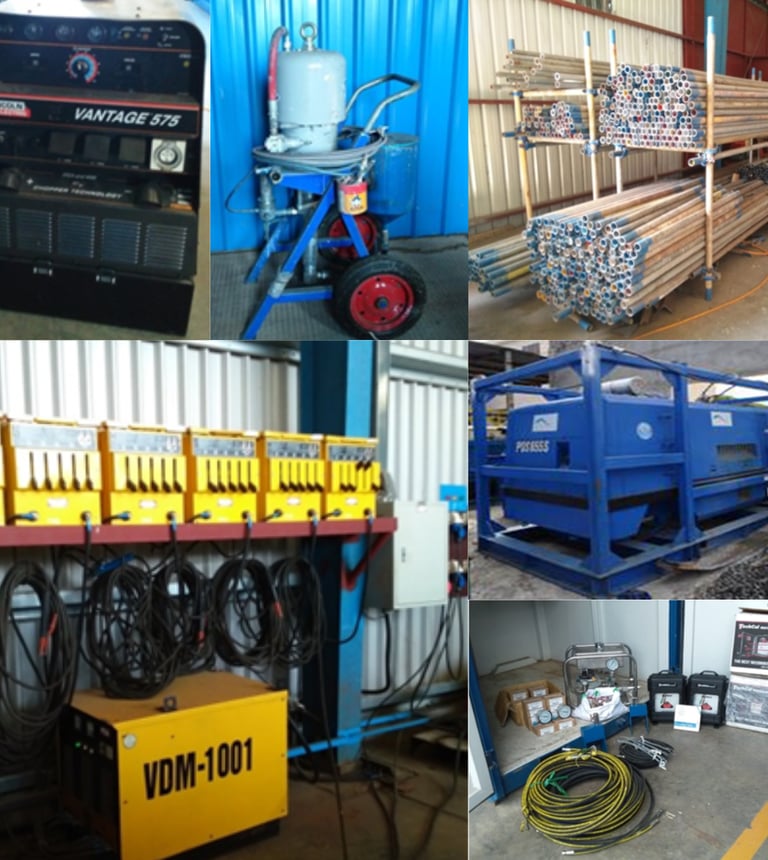 Collage of industrial equipment including a Lincoln Vantage 575 welder, metal pipes, and sandblasting machinery.